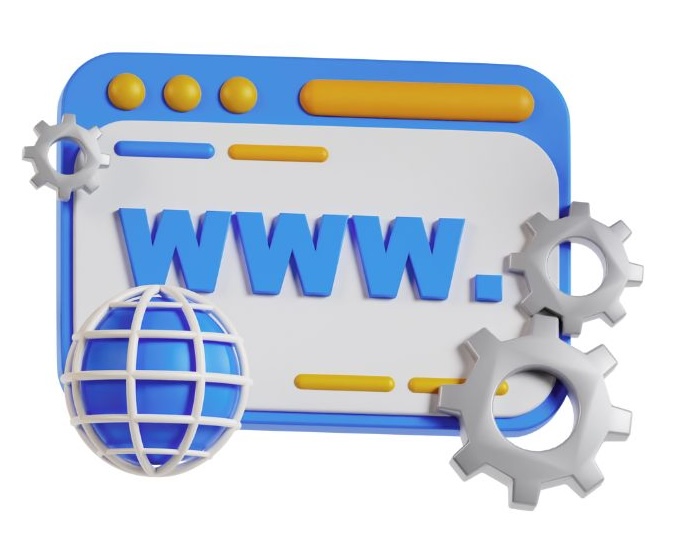 Illustration of a web browser window displaying 'www' with a globe and two gears, representing website URL structure and optimization.