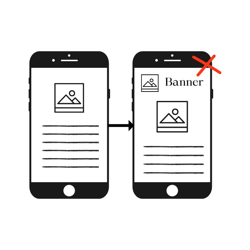 Two mobile screens illustrating Cumulative Layout Shift (CLS): the left screen shows a stable layout with an image and text, while the right screen shows a banner ad causing the content to shift down, indicated by a red X.