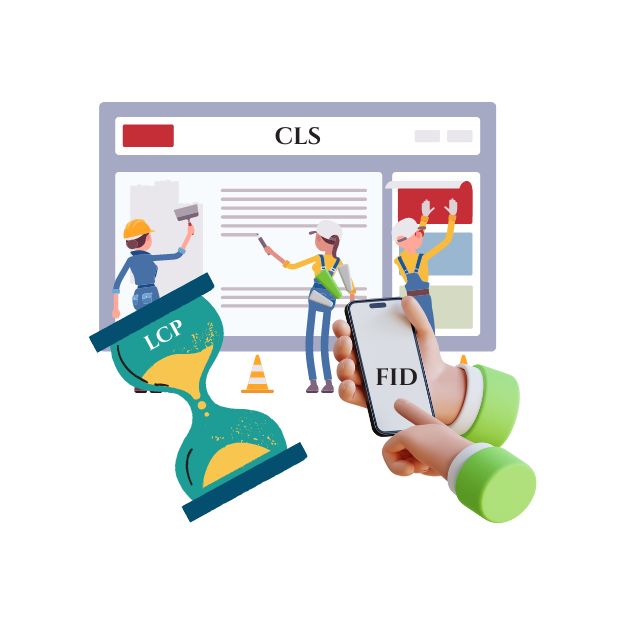 Illustration depicting Core Web Vitals: Construction workers improving a webpage (CLS), an hourglass symbolizing Largest Contentful Paint (LCP), and a hand holding a phone representing First Input Delay (FID).