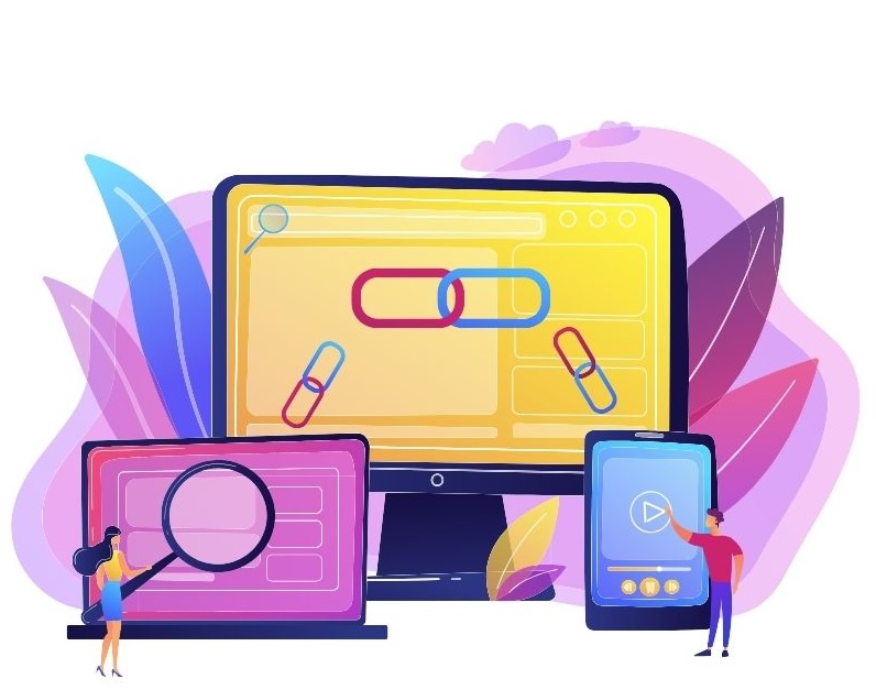 Illustration of link building: a person examining a screen with a magnifying glass, another person interacting with a mobile device, and a large computer screen displaying interconnected links, symbolizing the process of building backlinks for SEO.