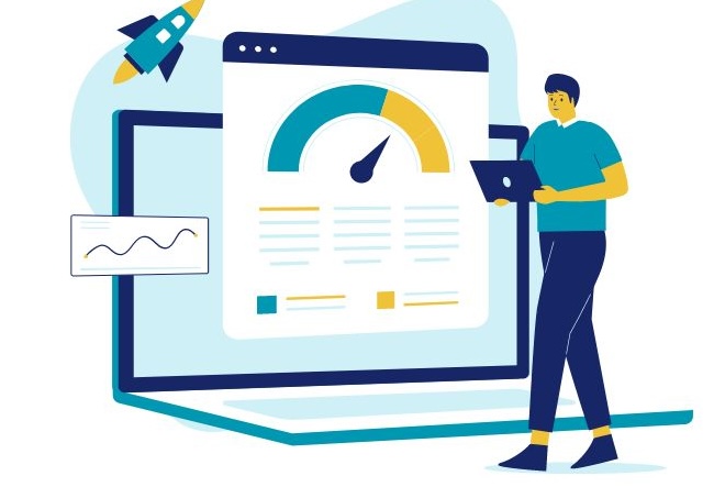 Illustration of a person optimizing website performance: a person with a laptop stands beside a large computer screen displaying a performance gauge, charts, and a rocket icon, symbolizing speed and improvement.